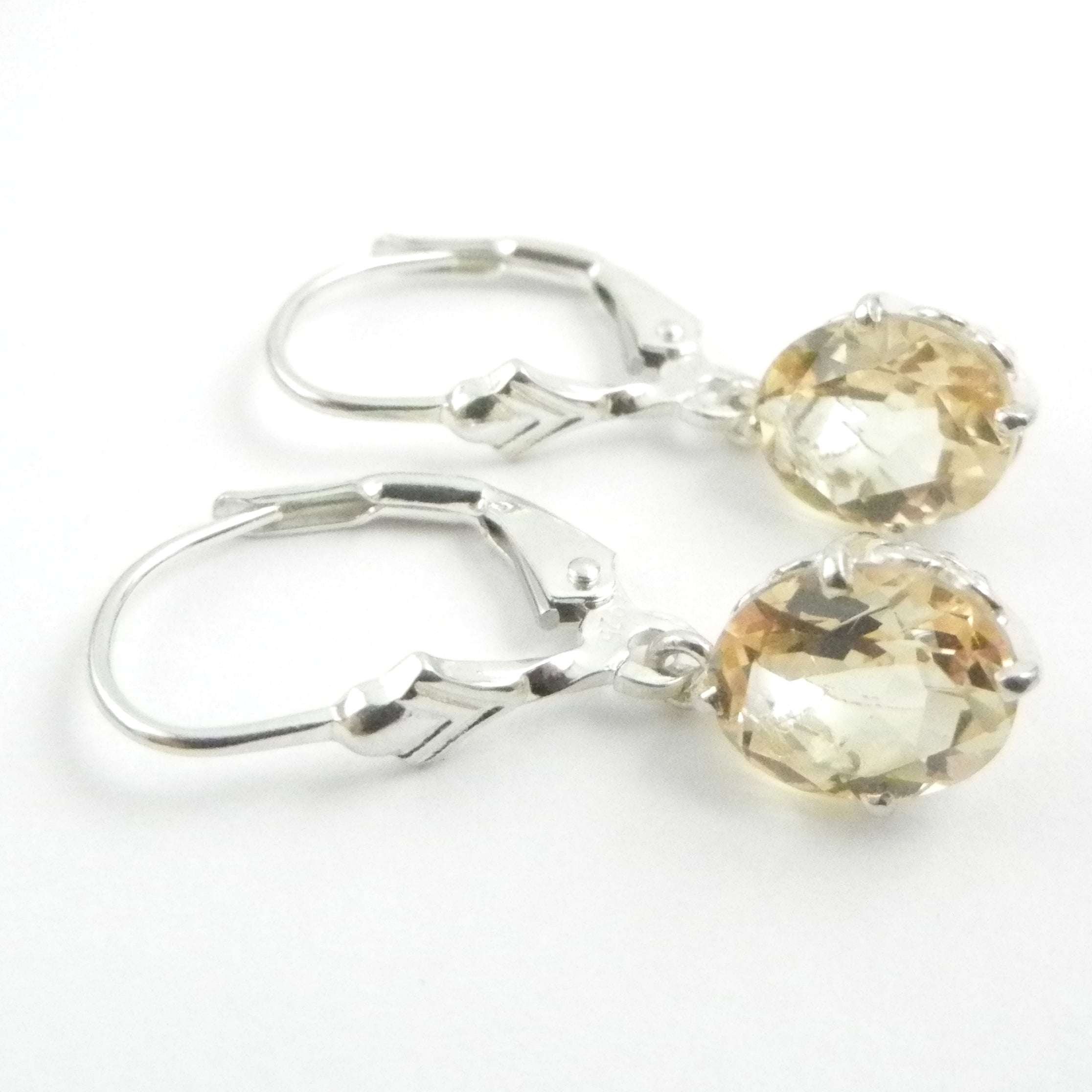 Oval Citrine Drop Leverback Earrings Set in Silver