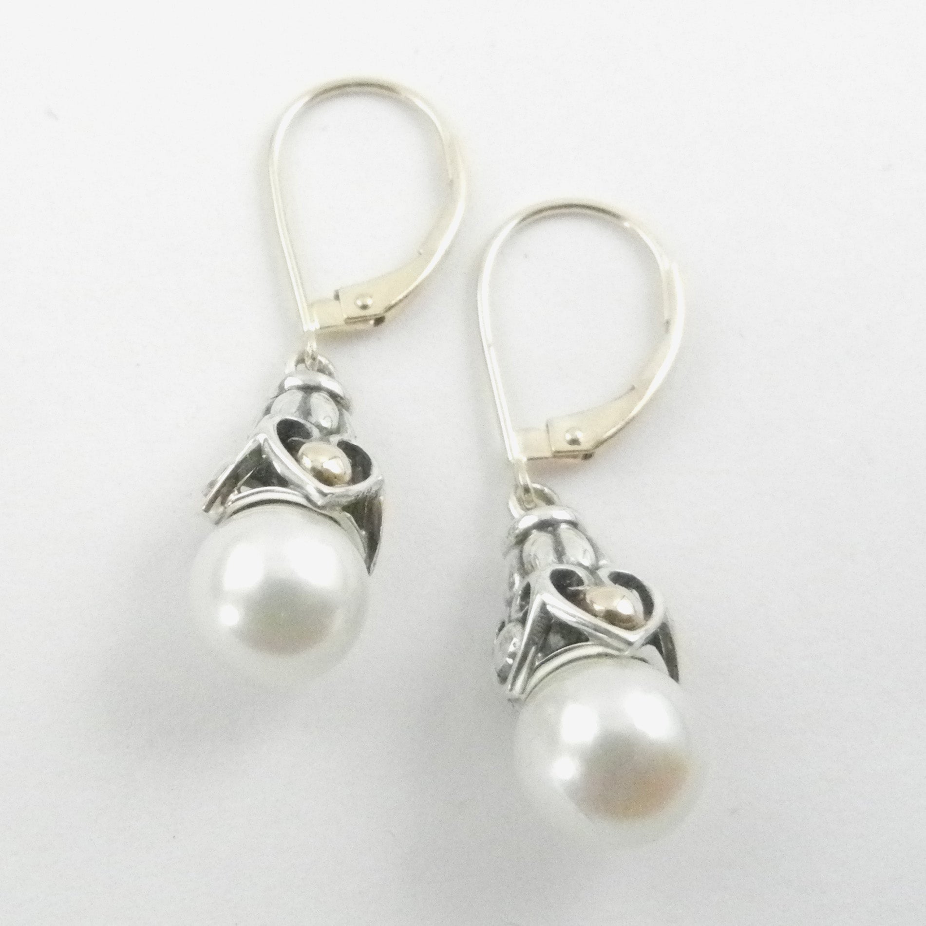 Two Tone Dangle Earrings With Akoya Pearls