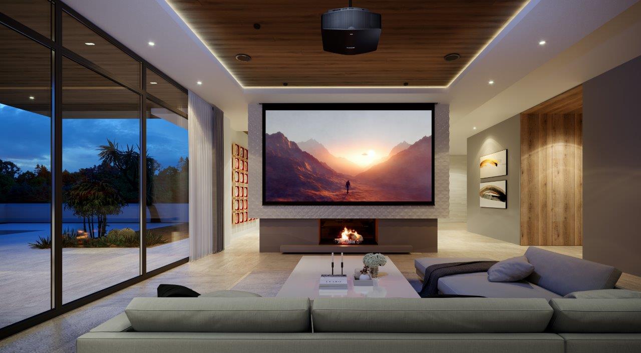 Home cinema system with projector, drop down cinema screen and surround sound speakers 