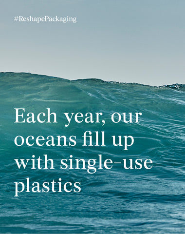 Ad for prAna's Responsible Packaging Campaign, "Each ear, our oceans fill up with single use plastics"