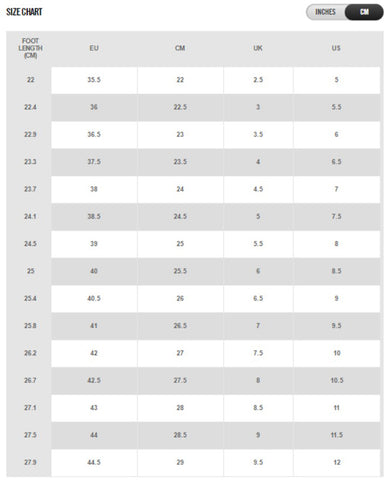 unisex footwear size chart