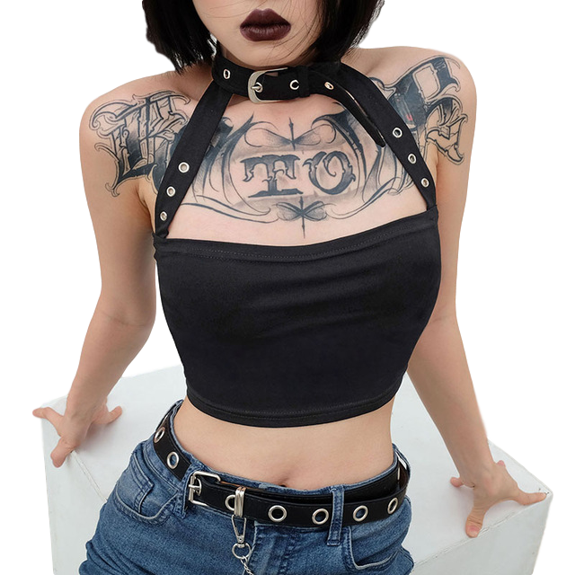 g347 Darlingaga Cotton Halloween punk choker halter top women cami backless buckle crop top clothes camisole sexy tops cropped gothic
