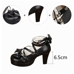 g245  Japanese Lolita Cosplay Shoes Spike Heels Black PU Leather Criss Cross 6.5cm High Heel Pumps - PunkRaveOfficial 