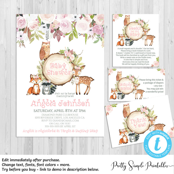 pink woodland baby shower invitation bundle - floral- wd06