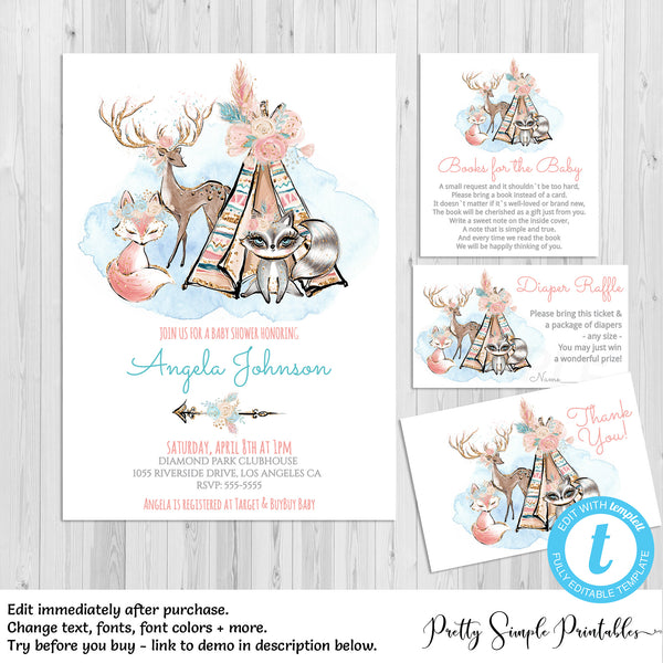 Boho Woodland Baby Shower Invitation Bundle Girl Wd04 Pretty