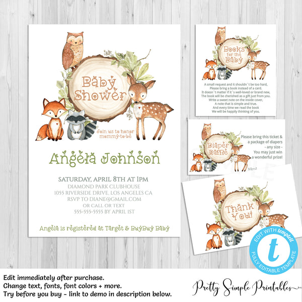 Woodland Baby Shower Invitation Bundle Wd02 Pretty Simple Printables