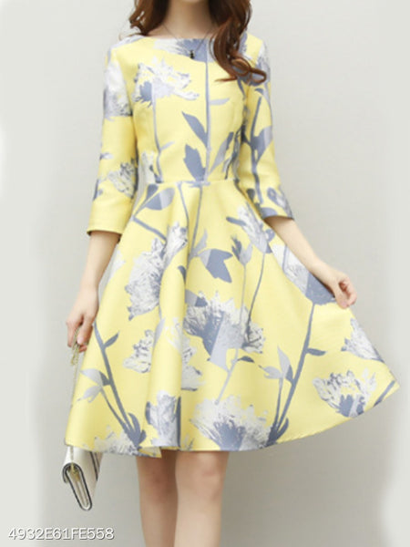 Floral Printed Round Neck Skater Dress Ebuytide 6305