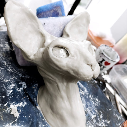 Sphynx cat clay sculpture