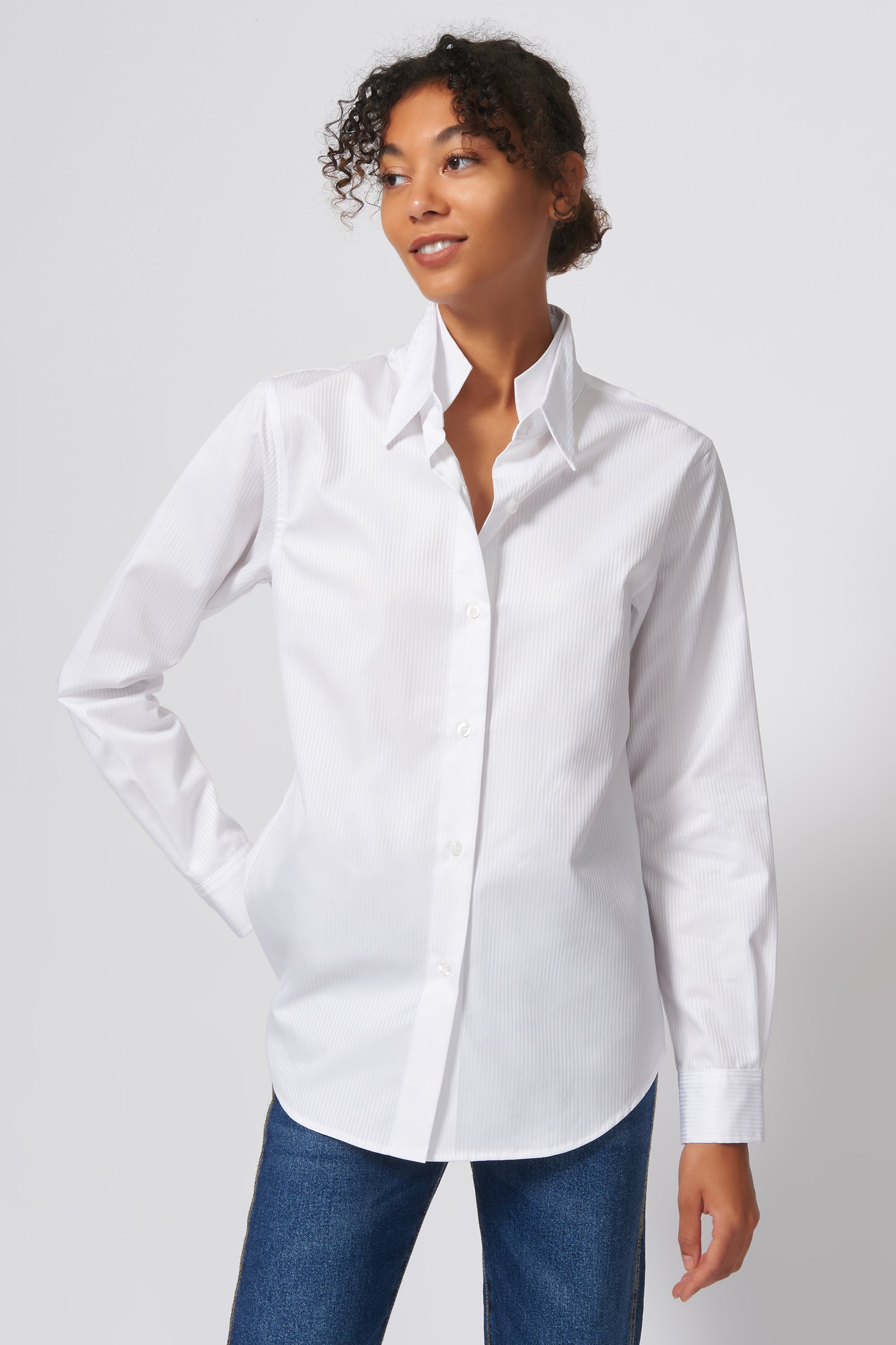 Double Collar Shirt In White Satin Stripe Made From 100 Cotton Kal Rieman