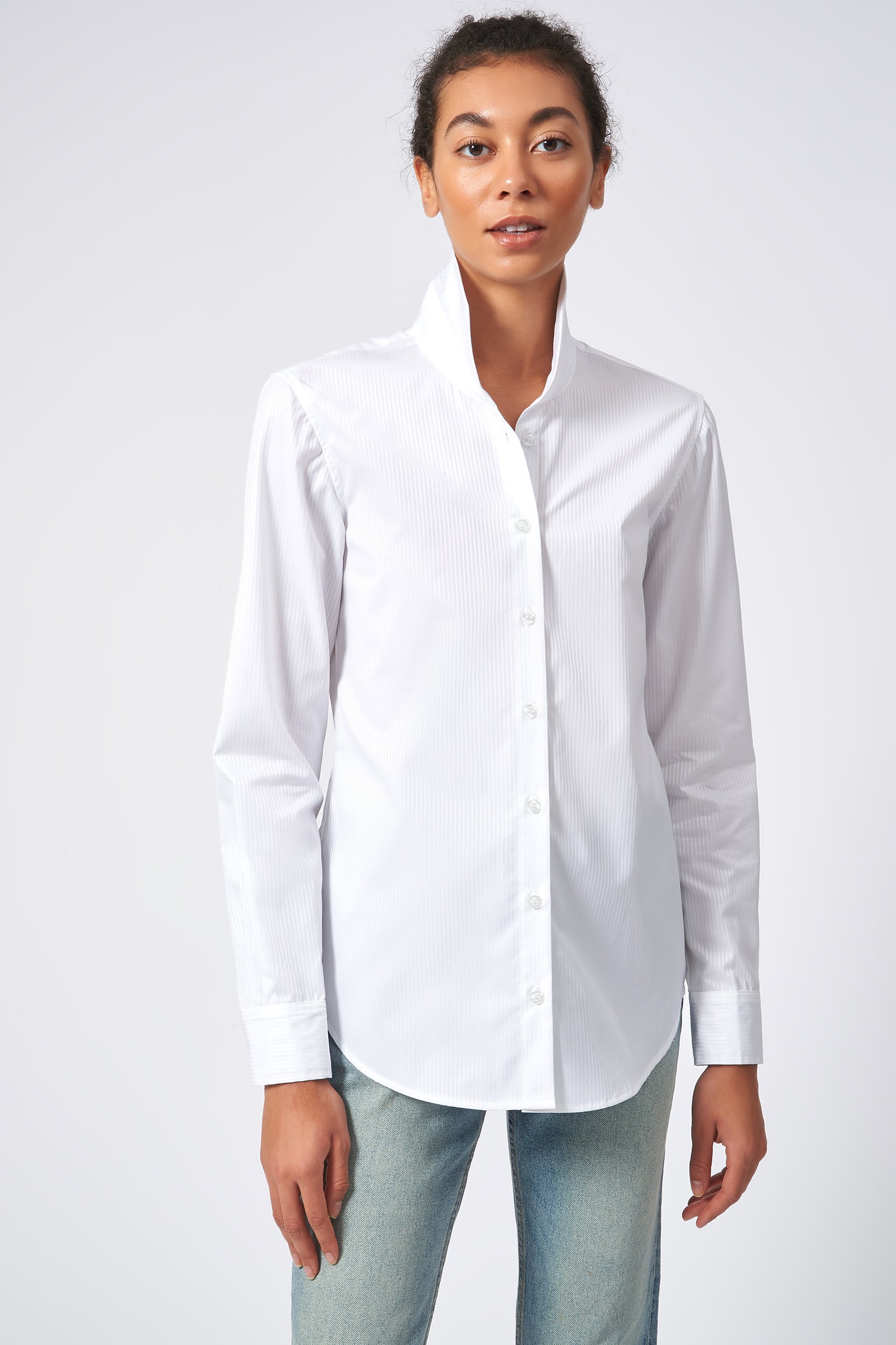 Ginna Box Pleat Shirt in White Satin Stripe Made from 100% Cotton – KAL ...