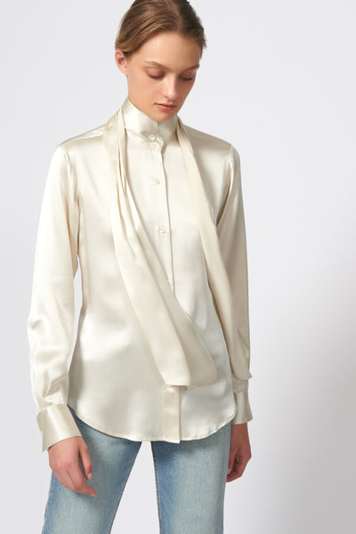 Scarf Tie Blouse in Oyster Made From 100% Silk – KAL RIEMAN