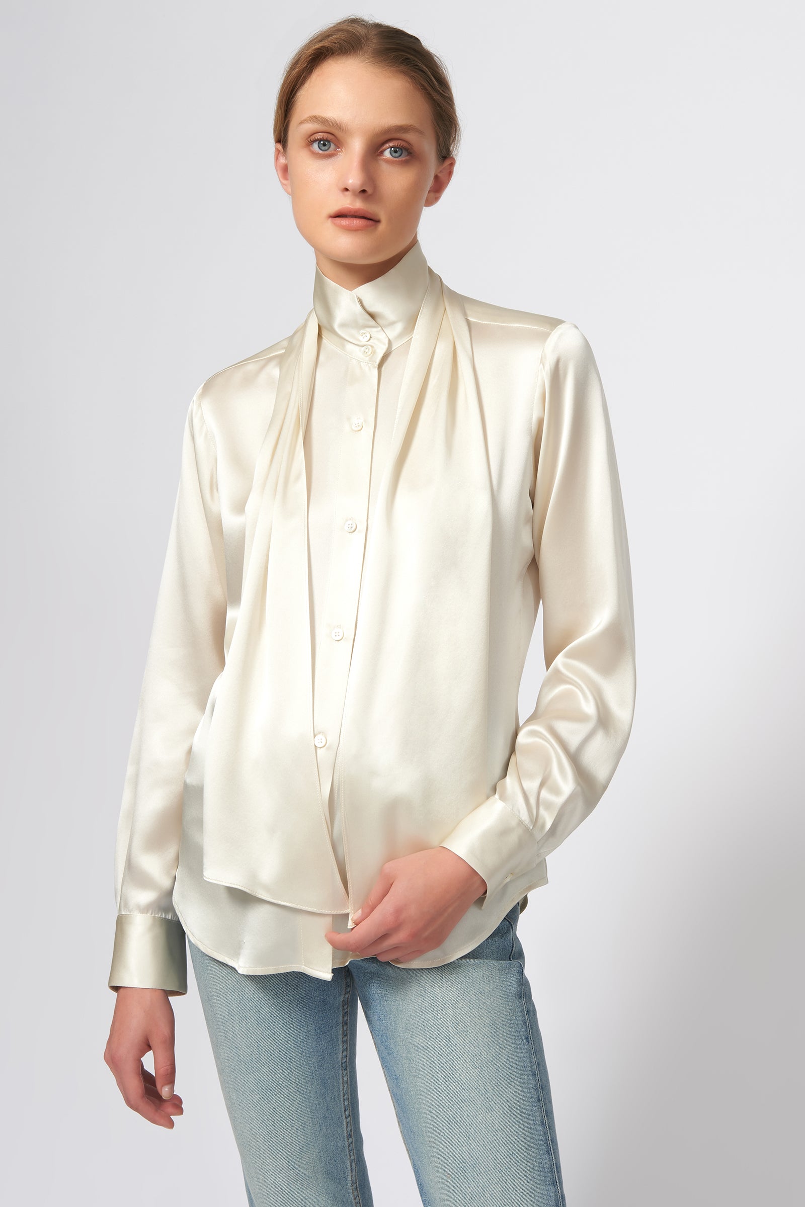 Scarf Tie Blouse in Oyster Made From 100% Silk – KAL RIEMAN