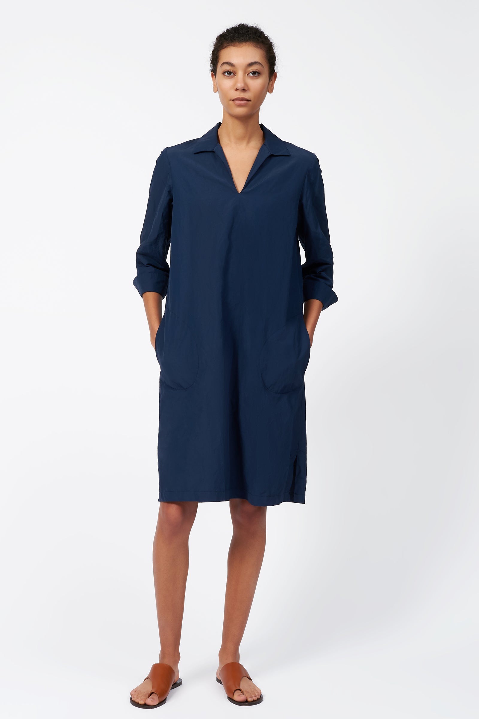 Collared V Neck Dress in Navy Made From Cotton Nylon – KAL RIEMAN