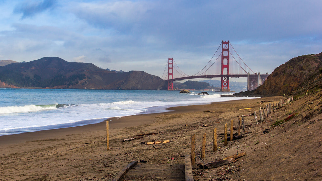 The Golden Gate bridge from a viewpoint on  Marshall beach.