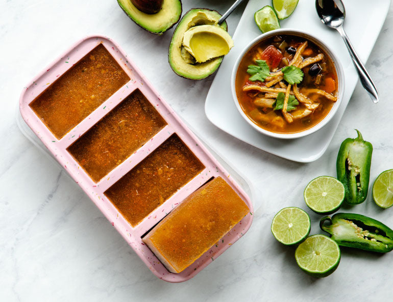 Sprinkles style Souper Cubes tray filled with chicken tortilla chili.