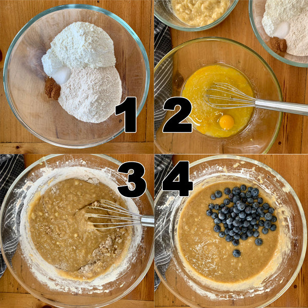 4 square picture of dry ingredients, wet ingredients, mixing of wet and dry ingredients, and blueberries being folded into the batter