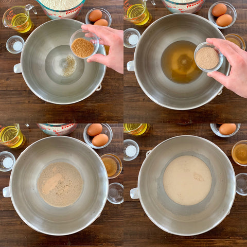 adding sugar and yeast to warm water to bloom