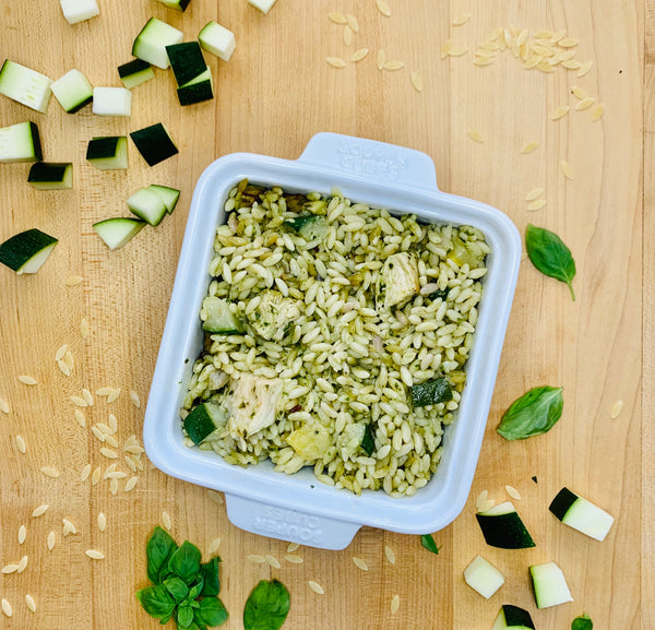 pesto chicken, zucchini, and orzo pasta