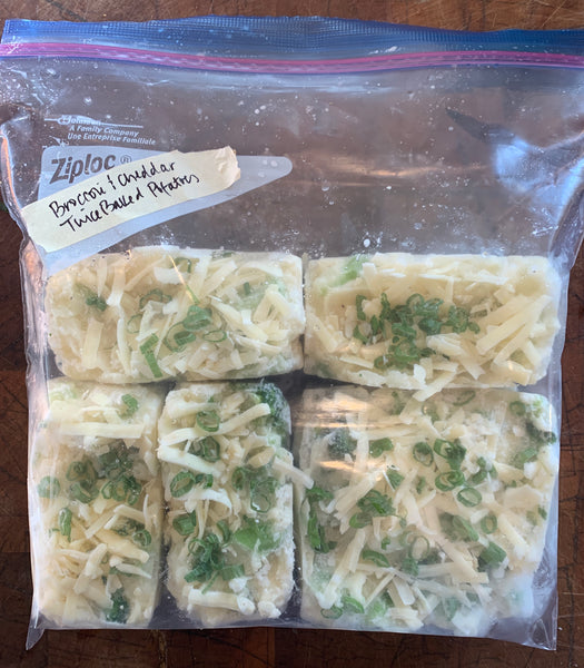 broccoli cheddar twice baked potatoes in freezer bag
