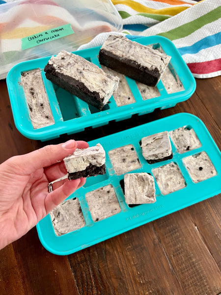 No bake Oreo cheesecake bites frozen in half-cup and 2 tablespoon souper cubes trays