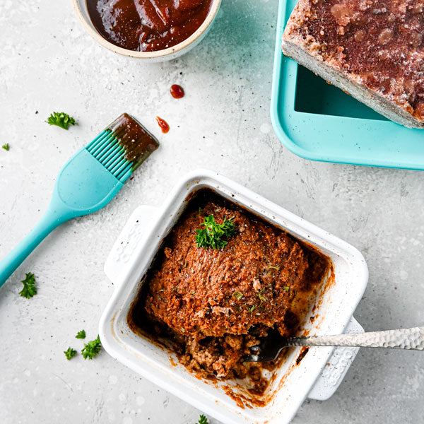 image of meatloaf in a white baking dish