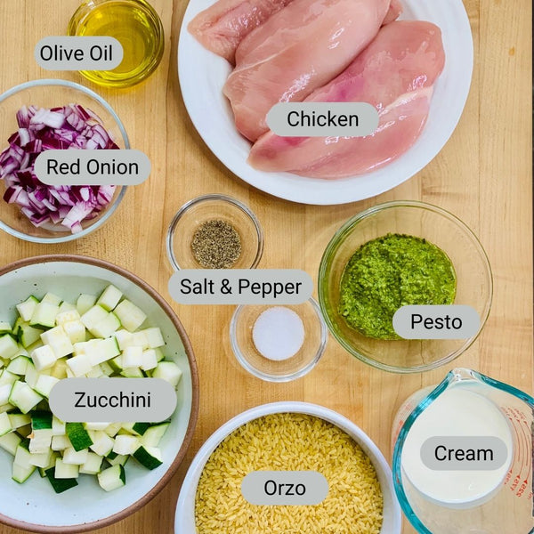 Ingredients for Orzo Pasta: Chicken, red onion, olive oil, salt, pepper, zucchini, orzo, cream