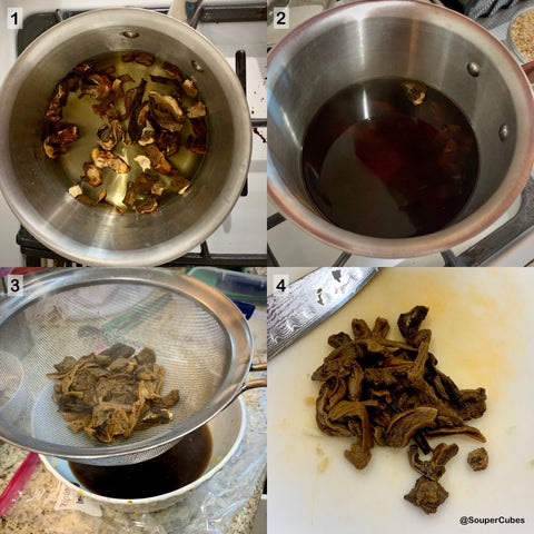 4 images in a 2 by 2 grid showing how to hydrate dried mushrooms in hot water, straining them, and chopping them on a cutting board