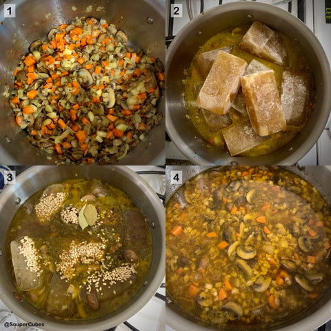 4 images in a 2 by 2 matrix of sauteed veggies, then a pot with 8 cups of broth (previously frozen in 1-cup souper cubes trays), barley in the thawing broth, and a finished mushroom barley soup in the all-clad pot