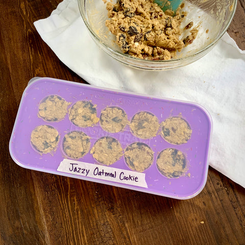 the cookie tray by souper cubes filled with jazzy oatmeal cookie dough