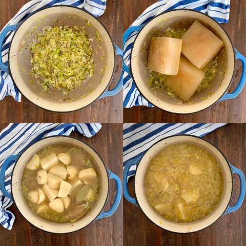 4 pictures in a 2x2 grid showing the process of making potato leek soup in a pot