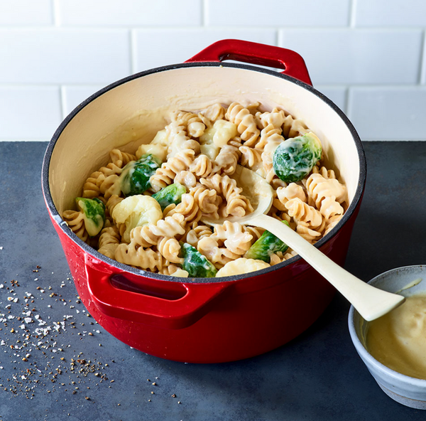 one pot Mac and cheese with Brussels and cauliflower