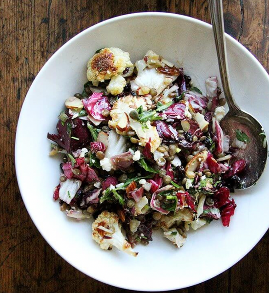 lentil salad with roasted cauliflower, walnuts, and goat cheese
