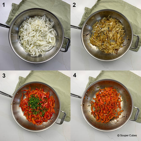 2x2 image of onions, bell pepper, and jalapeno sauted in a stainless steel pan