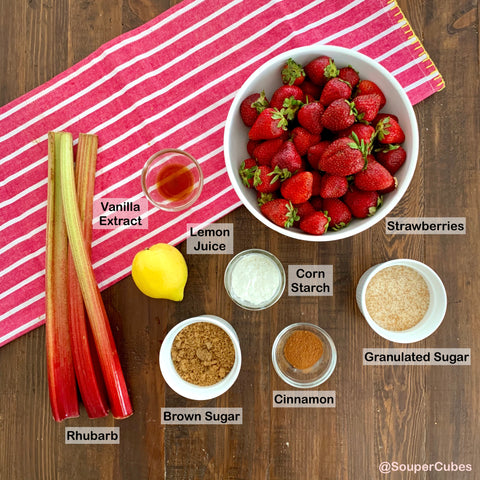 ingredients for fruit filling base in a strawberry rhubarb crisp