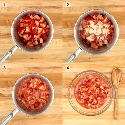step by step guide of cooking down strawberries with sugar in a small pot
