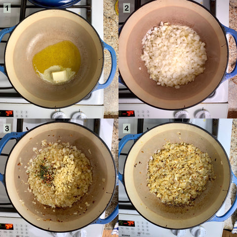 preparing onion and garlic base for creamy tomato basil soup
