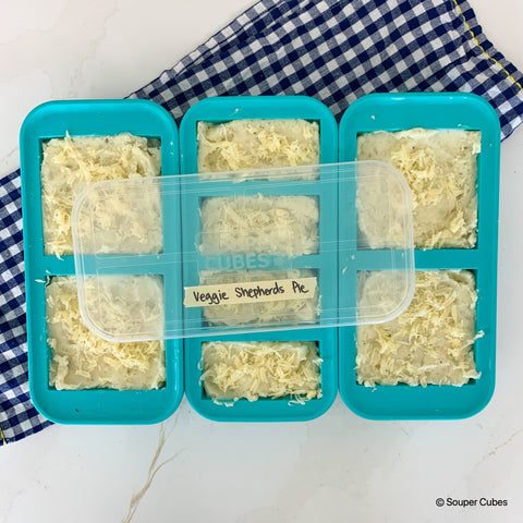 image of three souper cubes trays with veggie shepherd's pie inside them