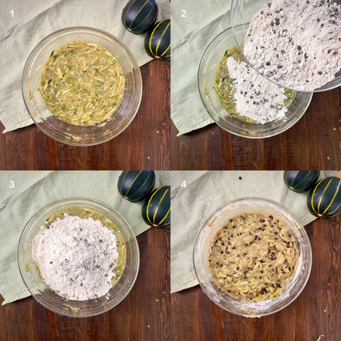 mixing wet and dry ingredients together for zucchini bread recipe