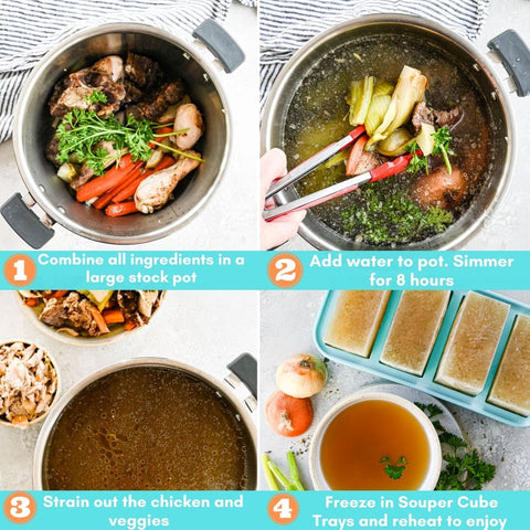 4 image collage with the directions of how to make oxtail bone broth.