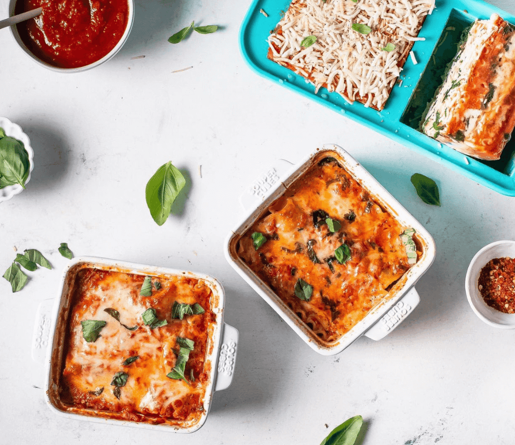 Souper Cubes bakeware dishes with lasagna