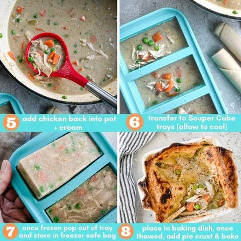 Steps 5 to 8 on how to make and properly freeze chicken pot pie with Souper Cubes.