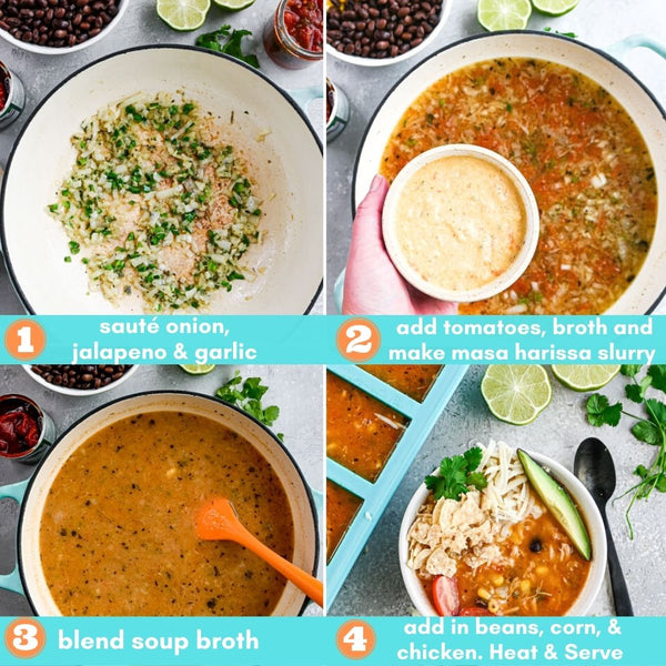 2x2 grid image describing how to make chicken tortilla soup