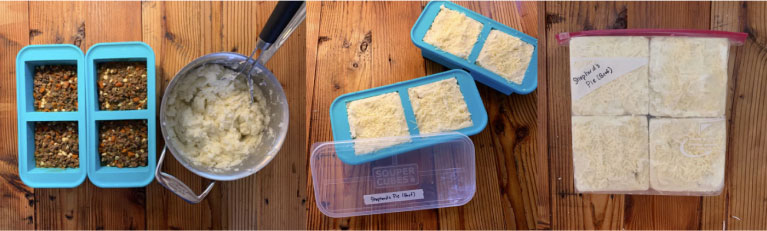 A collage showing how to use Souper Cubes to freeze food and then repackage the frozen food in re-sealable bags.