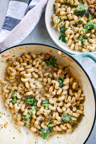 Veggie Mac and Cheese in pot and bowl 