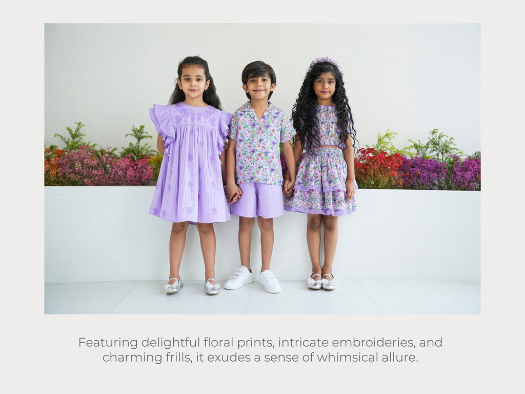 purple boys and girls clothing with embroidery and flower prints