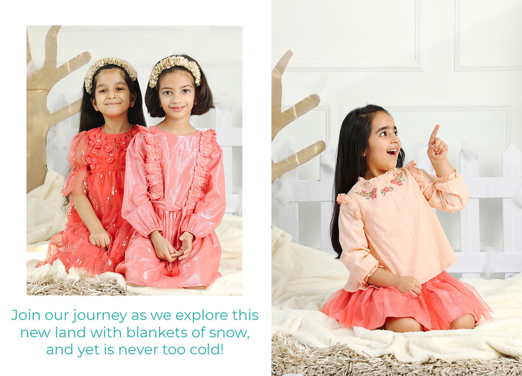 Join our journey as we explore this new land with blankets of snow, and yet is never too cold! Kids Clothing Festive Fall Winter Dress Girls