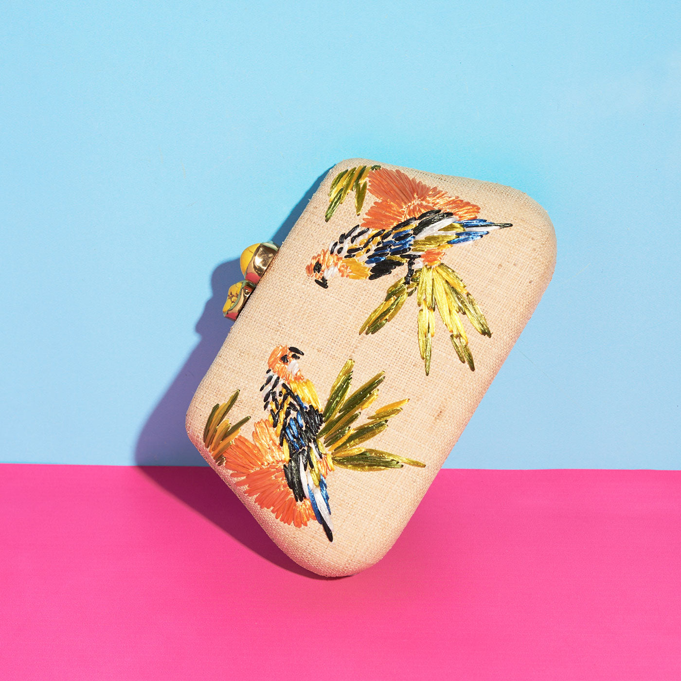 Wicker Darling's Natural Macaws Clutch on a colourful background