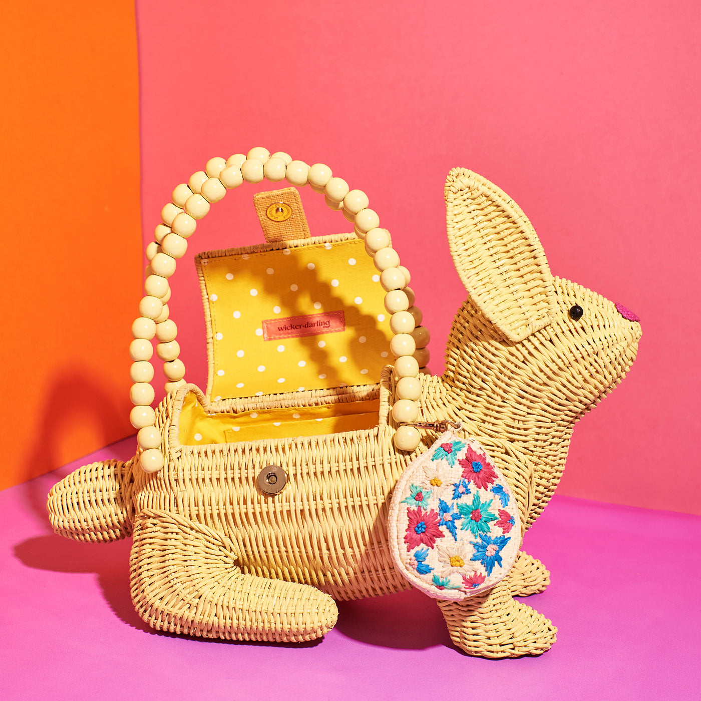 Wicker Darling's Easter the (Vegan) Bunny Purse on a colourful background