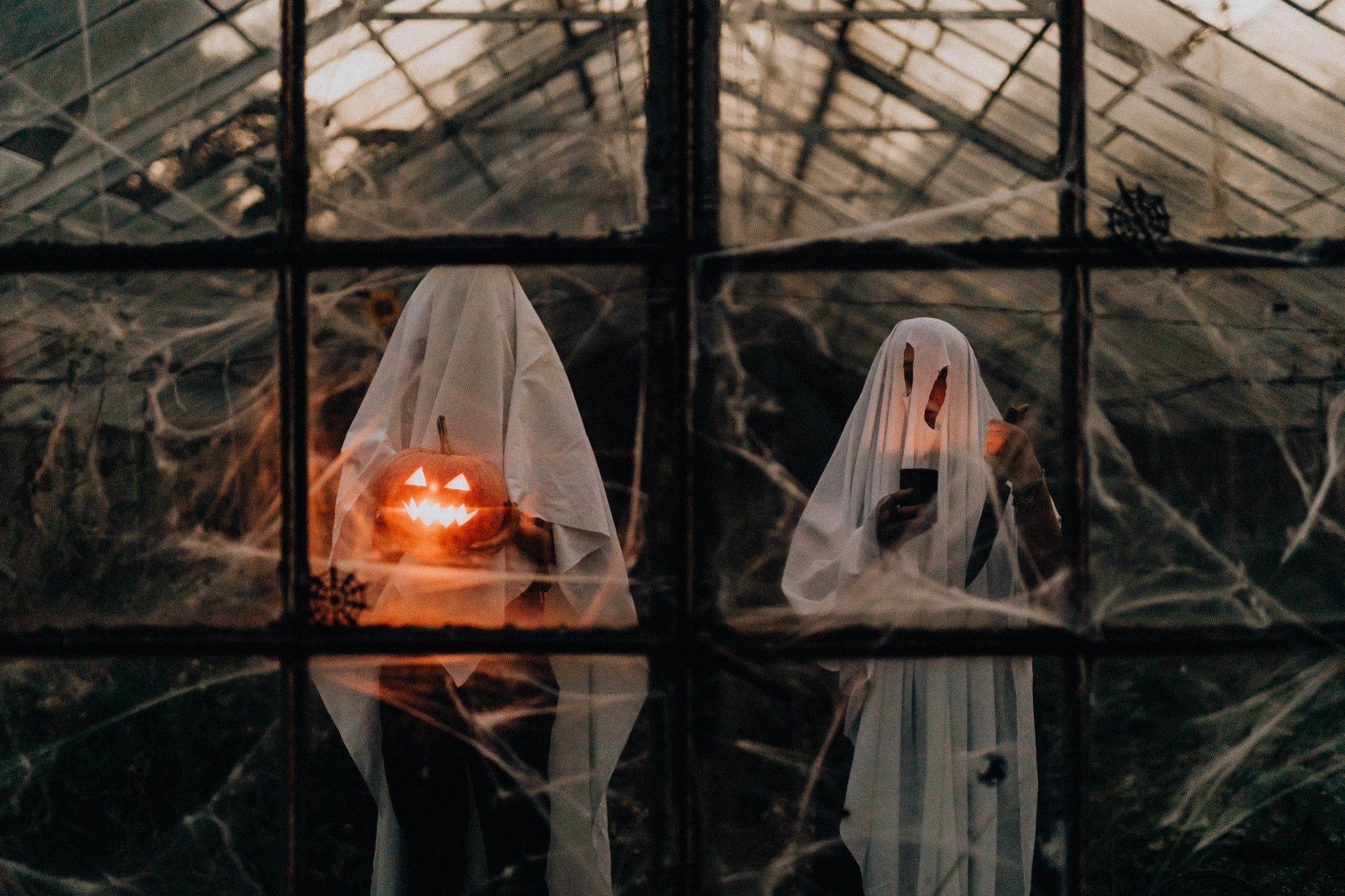 Two halloween ghosts looking through a glass window with spider webs
