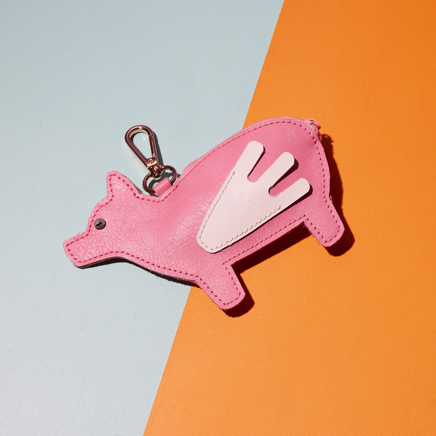 Wicker Darling's Pigasus Jnr. the flying pig coin purse on a colourful background